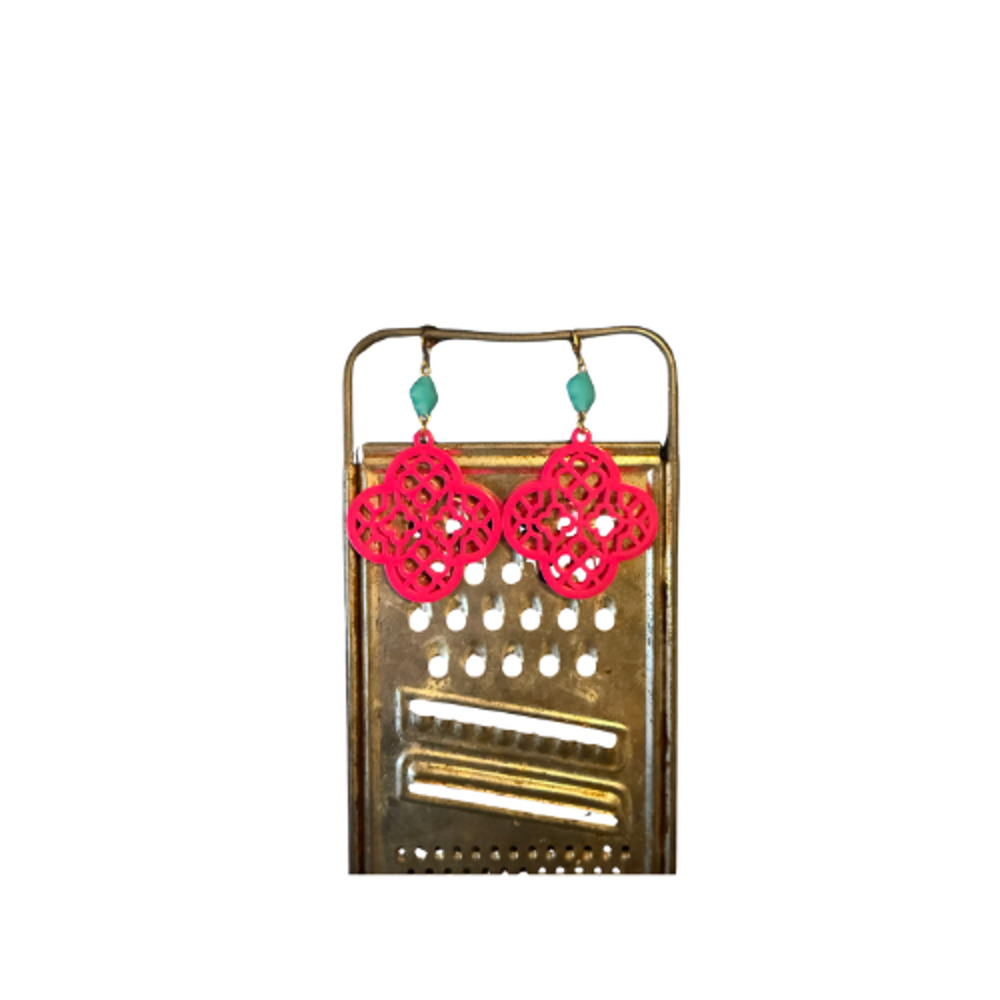 Hot Pink Filigree Statement Earrings – Turquoise Accent – Boho Chic